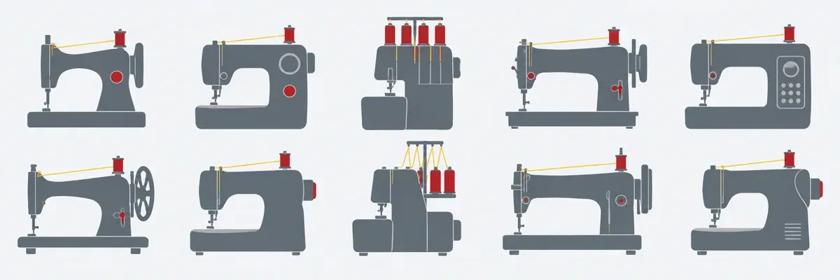 Illustration : des silhouettes de machines à coudre de formes différentes, alignées comme dans un catalogue