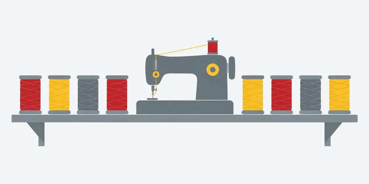 Illustration : huit bobines de fil alignées autour d'une petite machine à coudre