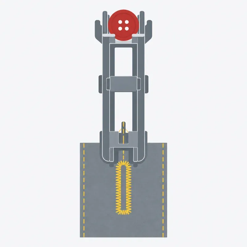 Illustration : un pied boutonnière automatique avec le bouton glissé dans son porte-bouton et la boutonnière en cours