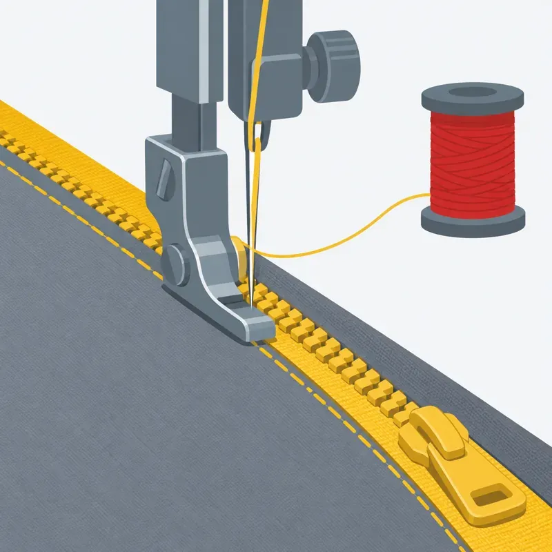 Illustration : un pied fermeture éclair semi-étroit qui pique au ras des dents d'une fermeture à glissière