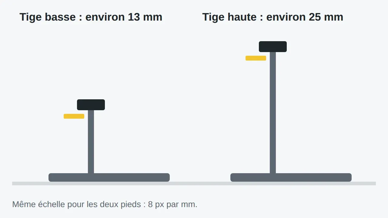 Schéma dessiné par le code du site : une tige basse d'environ 13 mm et une tige haute d'environ 25 mm, à la même échelle